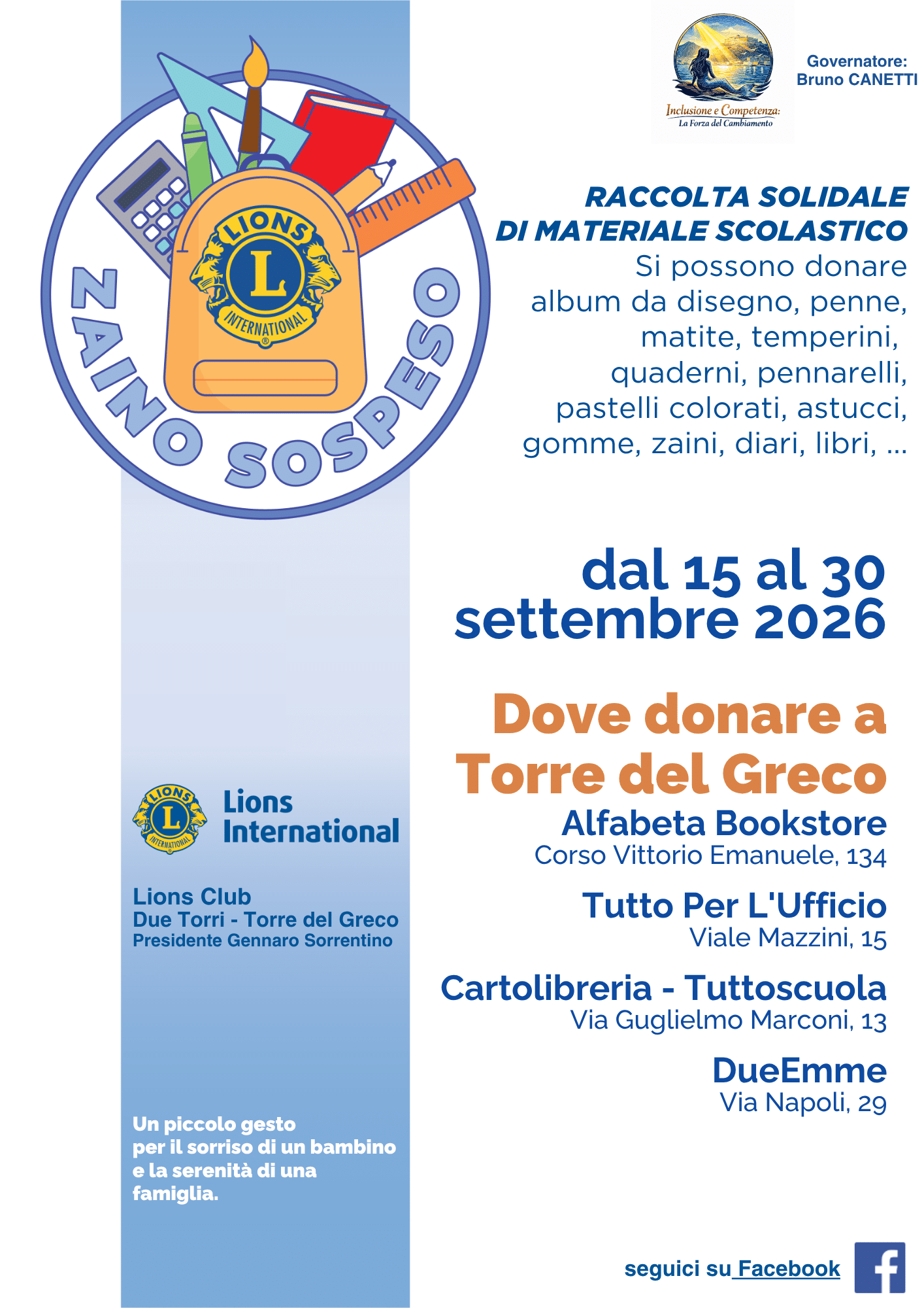 Locandina Zaino Sospeso 2026 — Lions Club Due Torri, Torre del Greco